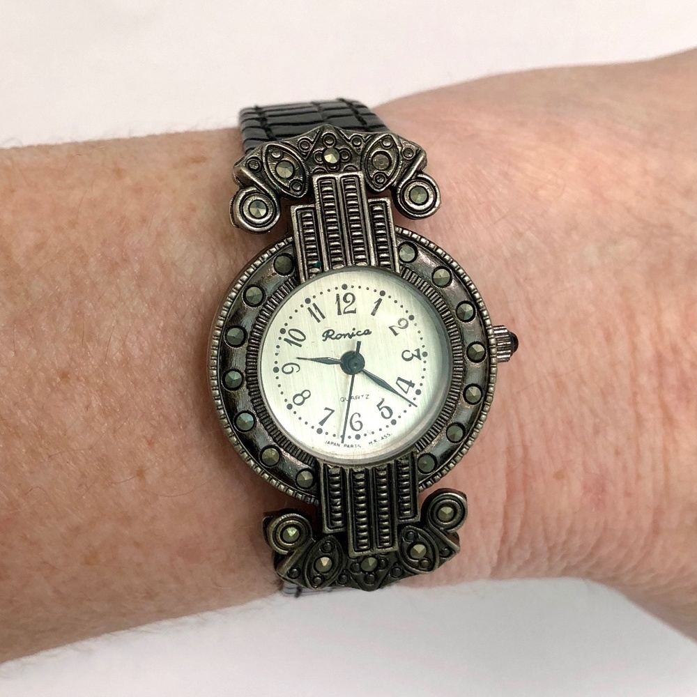 RONICA Women’s Marcasite Pewter Tone Black Leather Art Deco Antique Analog Watch
